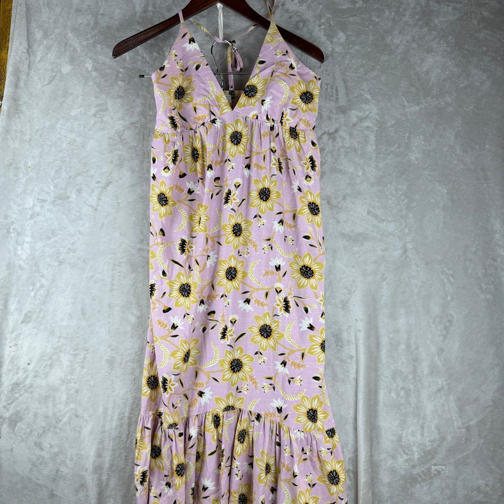 Loft Beach Floral Halter Maxi Dress Pink Yellow Smocked Back Tiered Hem XS